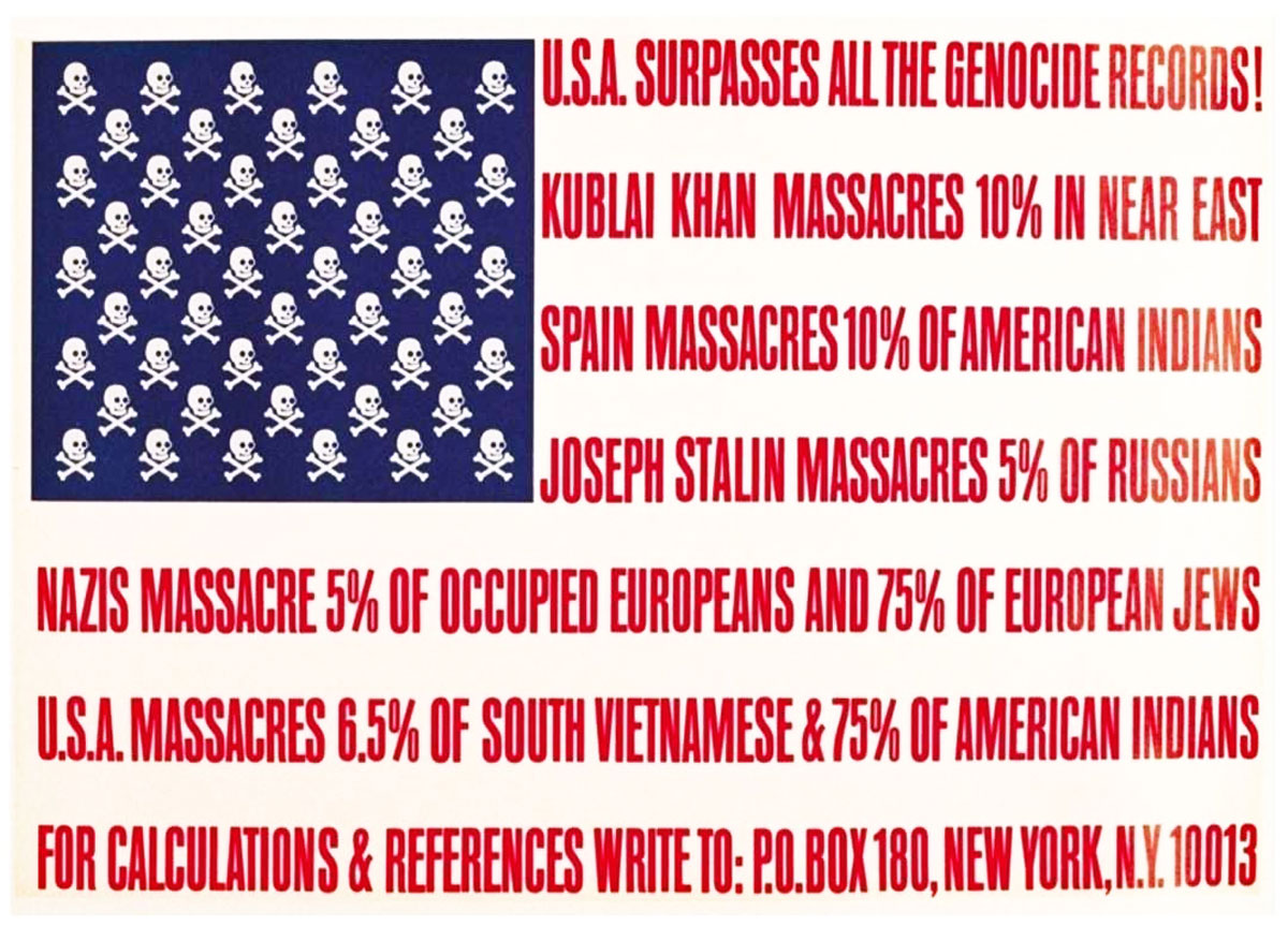 Maciunas, George. U.S.A. Surpasses All the Genocide Records! 1966, Fondazione Bonotto, Collezione Fluxus, Code 0787E. Blue and red coloured serigraphy on white glossy paper.